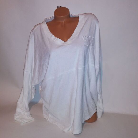 Victoria Secret PINK Sweater XL Terry Cloth Logo White Solid Long Sleeve V Neck - Picture 1 of 9